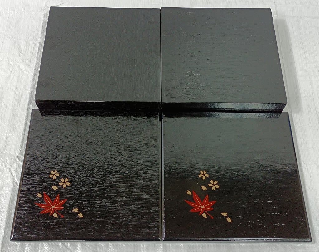 松花堂 木製漆器 金彩桜紅葉紋弁当箱 仕切り付 5客セット 未使用品