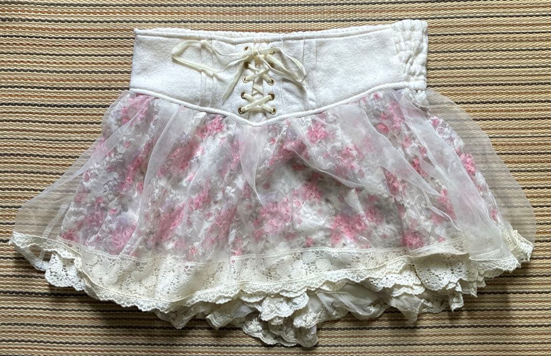 LIZLISA パワネ　花柄　チュール　スカパン　編み上げ　ピンク