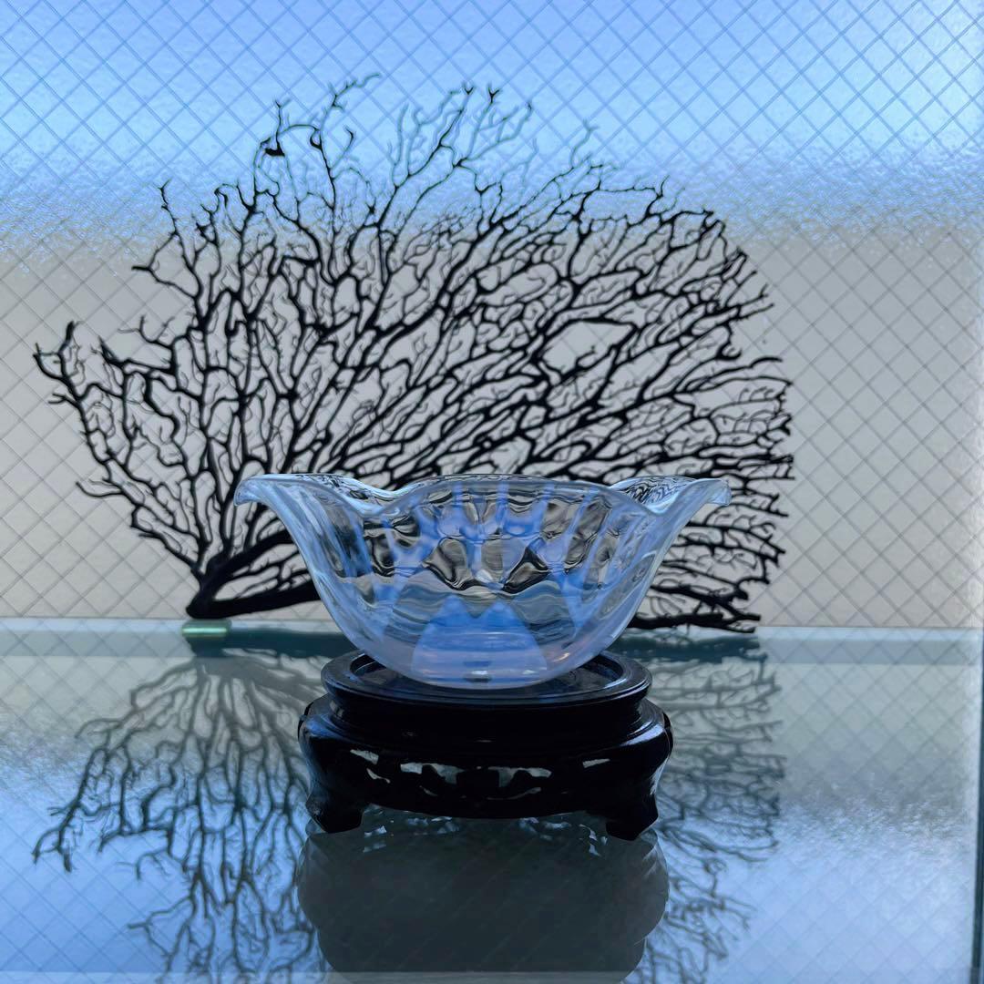 骨董　レトロガラス　希少縞に桜紋　反り口フリル　乳白色炙り出し　氷コップ　後発品