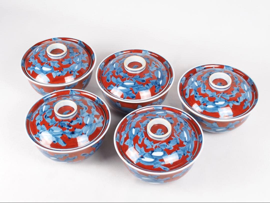 源右衛門窯 赤濃牡丹絵 蓋碗 蓋物 5客 有田焼 (付属品：共箱、栞)