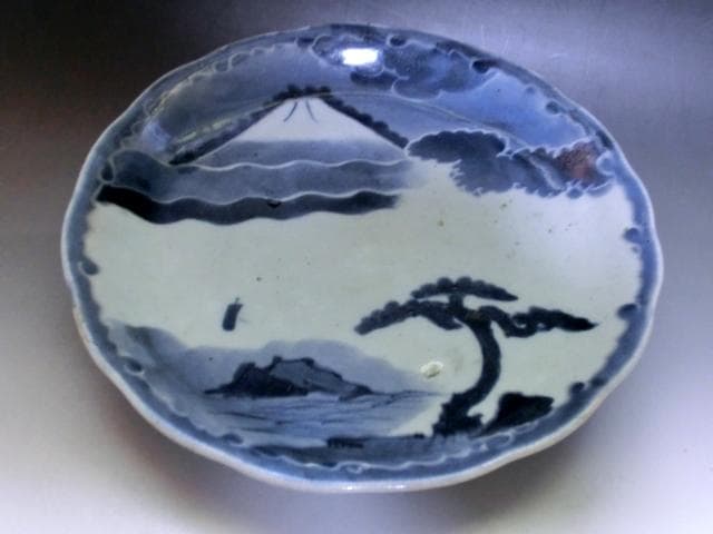大皿■富士山 松(江戸後期～明治期)染付 山水 伊万里 古美術 時代物 骨董品■