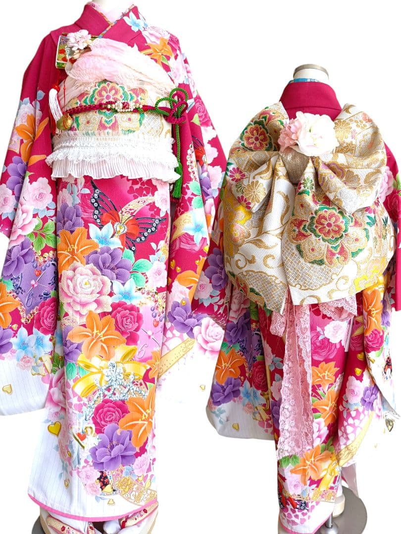 刺繍入り赤白に薔薇の花の着物に作り帯☆七五三フルセット