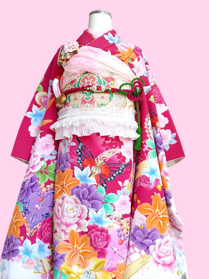 刺繍入り赤白に薔薇の花の着物に作り帯☆七五三フルセット