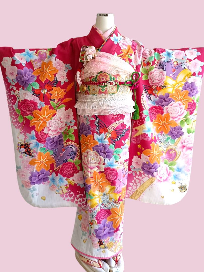 刺繍入り赤白に薔薇の花の着物に作り帯☆七五三フルセット
