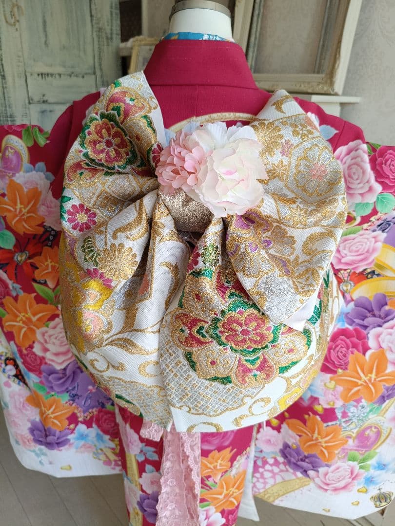 刺繍入り赤白に薔薇の花の着物に作り帯☆七五三フルセット