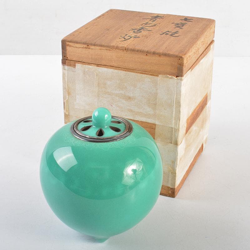 七宝焼　安藤七宝店　象嵌　青色香炉　時代箱付　F　R5554