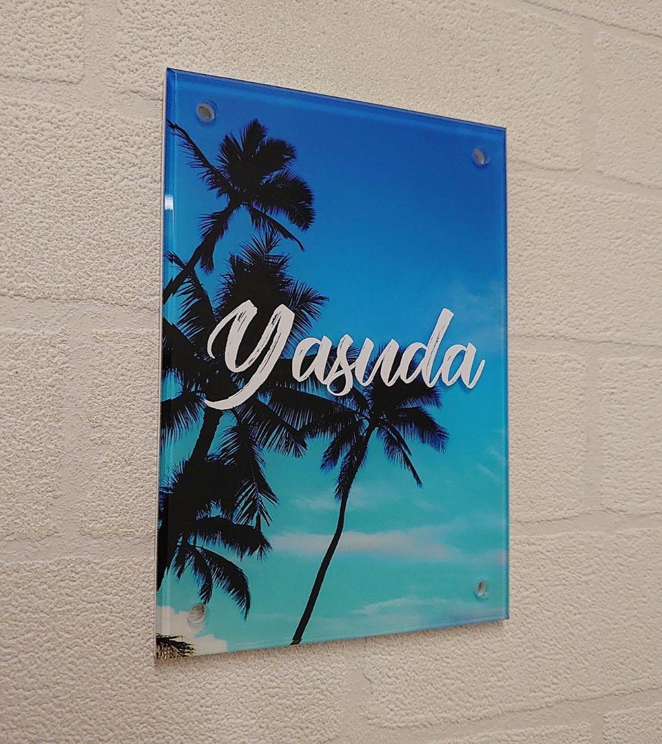 ちょこりんちょこたん＊青空とヤシの木背景アクリル表札＊45度斜めカット