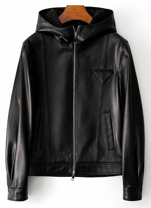 レディース上質 本革↑超ソフトなラムレザージャケット黒☆帽子付ラムレザーコート