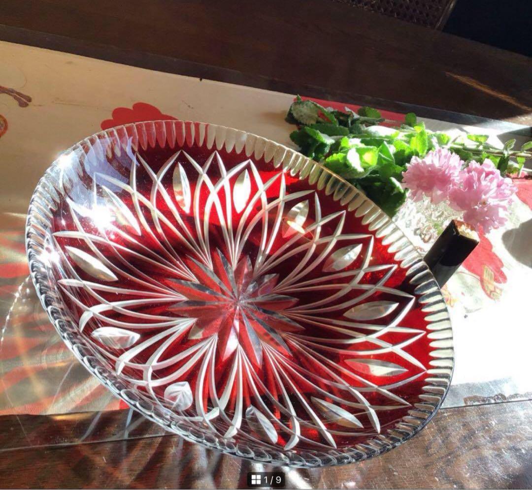 A519 ビンテージ　ガラス切子　カットガラス　赤色被ガラス　大皿