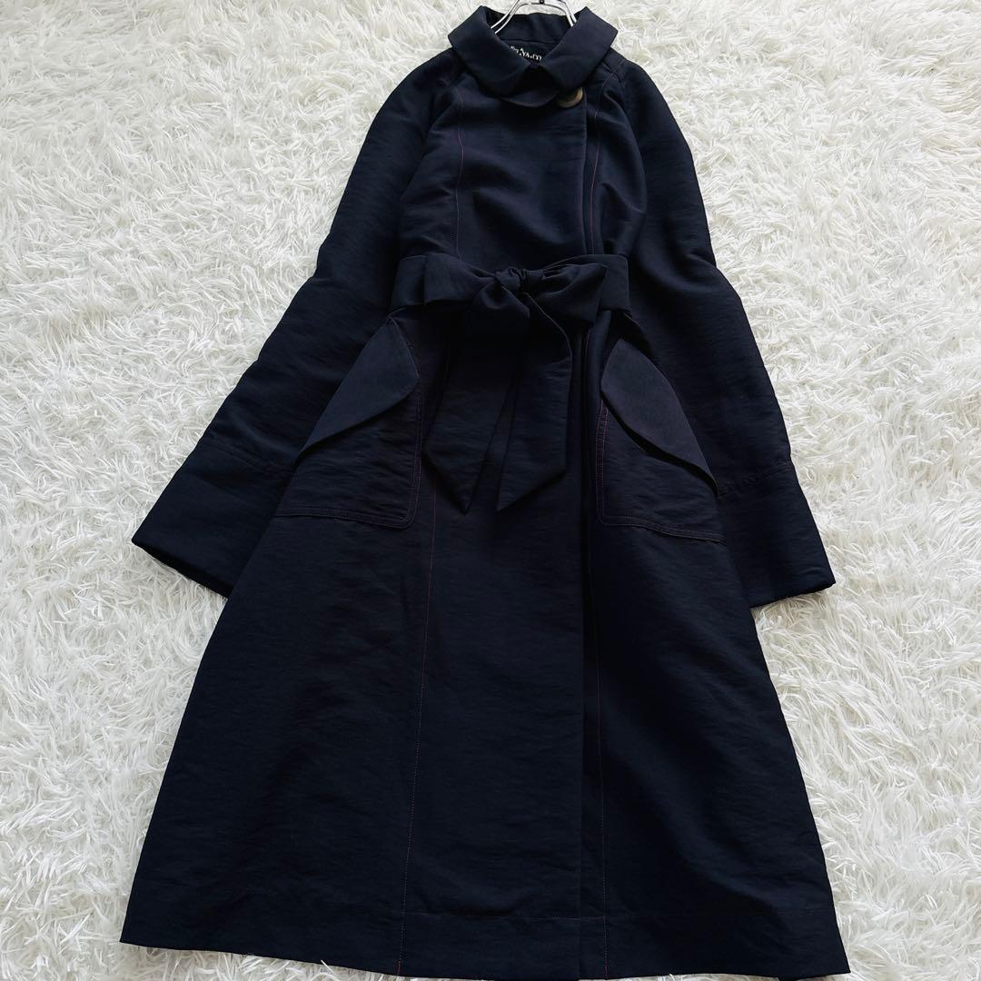 【MI.YA.CO】トレンチコート　レディース　ウエストリボン　濃紺　Fサイズ