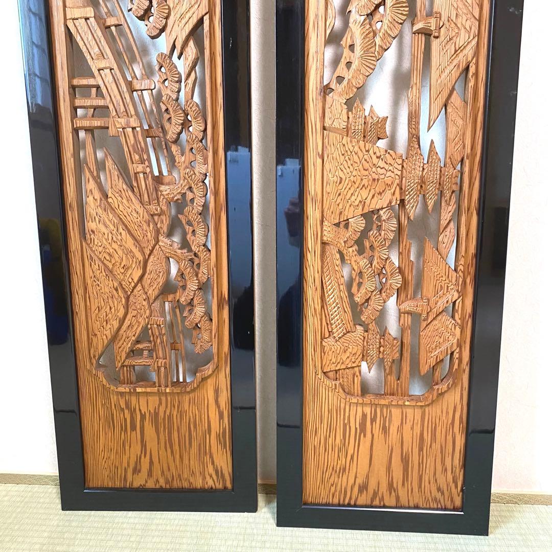 欄間 らんま 2枚セット【近江八景】古民家　アンティーク 表裏両面木彫り ランマ