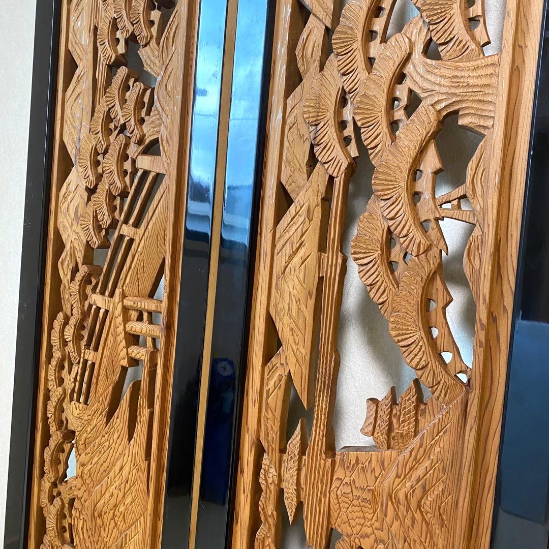 欄間 らんま 2枚セット【近江八景】古民家　アンティーク 表裏両面木彫り ランマ