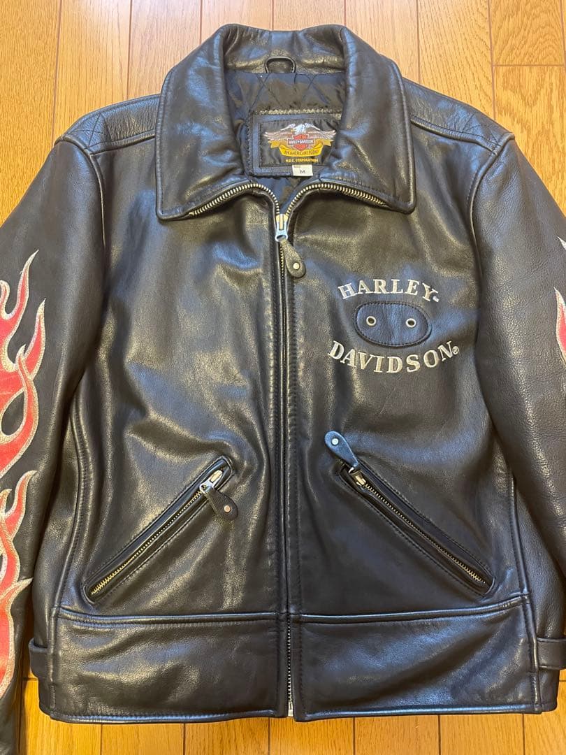 【レア　人気】　ハーレー　革ジャン　レザージャケット　Mサイズ　ファイヤー　刺繍