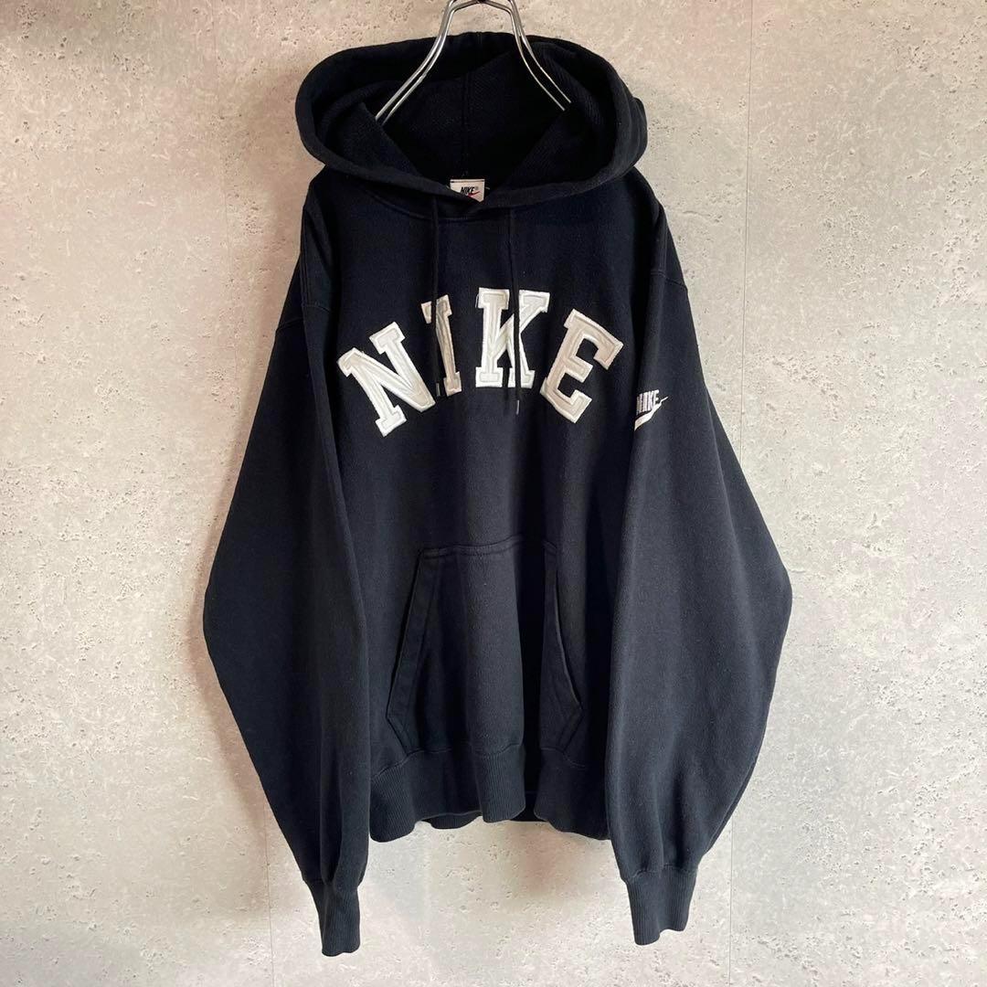 NIKE 銀タグ 90s スウェットパーカー 刺繍ロゴ ナイキ 黒色 ブラック
