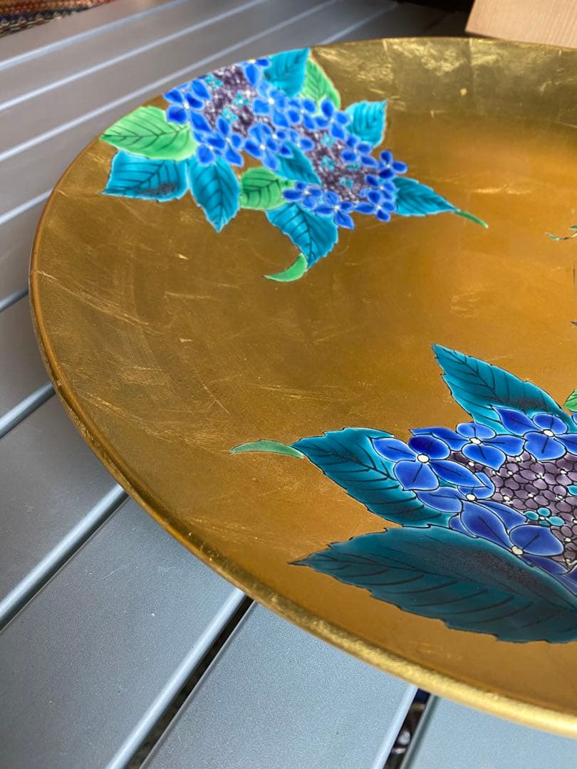 飾り皿　有田焼　金襴手　金箔　紫陽花　伝統工芸　木箱入り