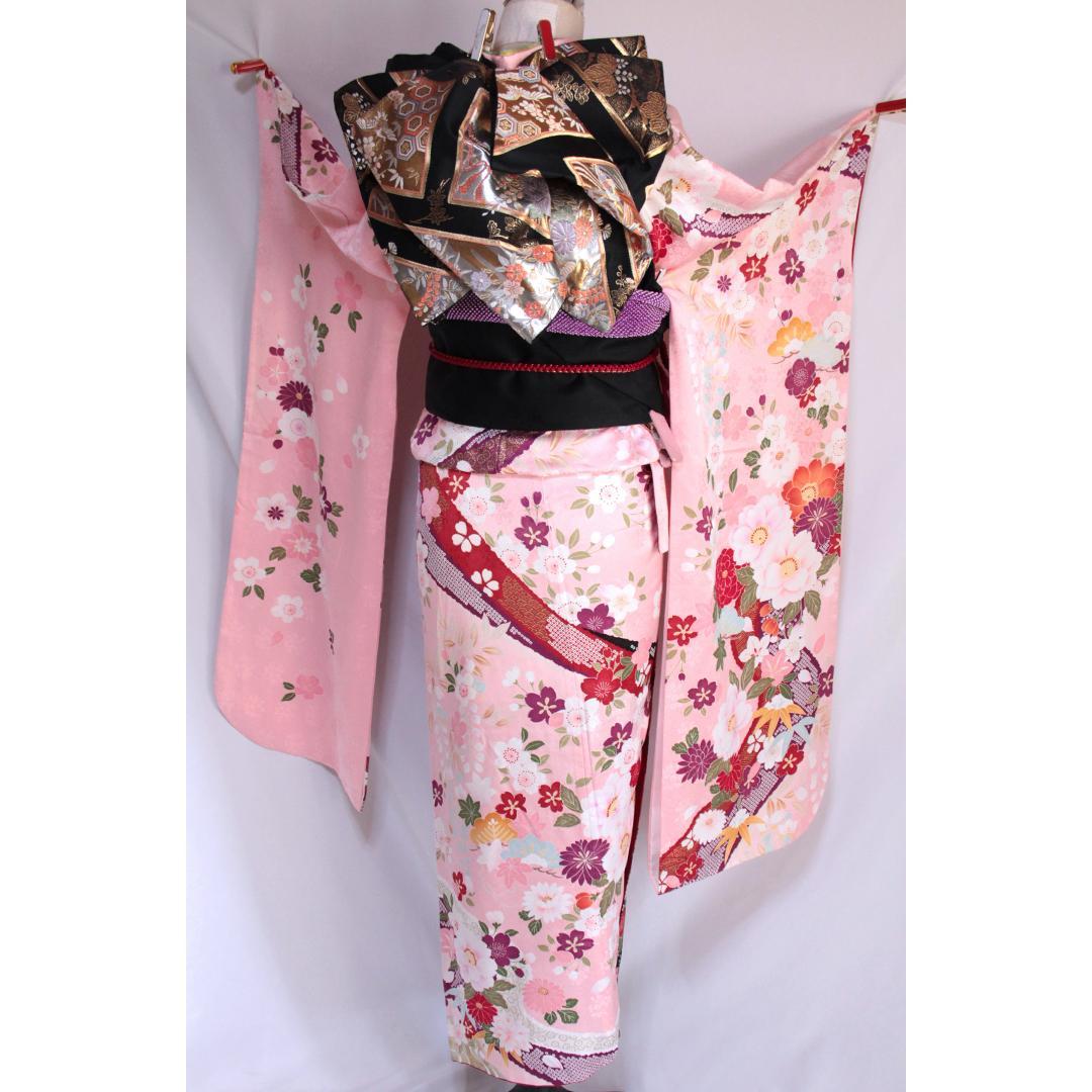振袖現代柄ピンク5点セット 帯 帯揚げ 帯締め 重ね衿 成人式前撮りPK12