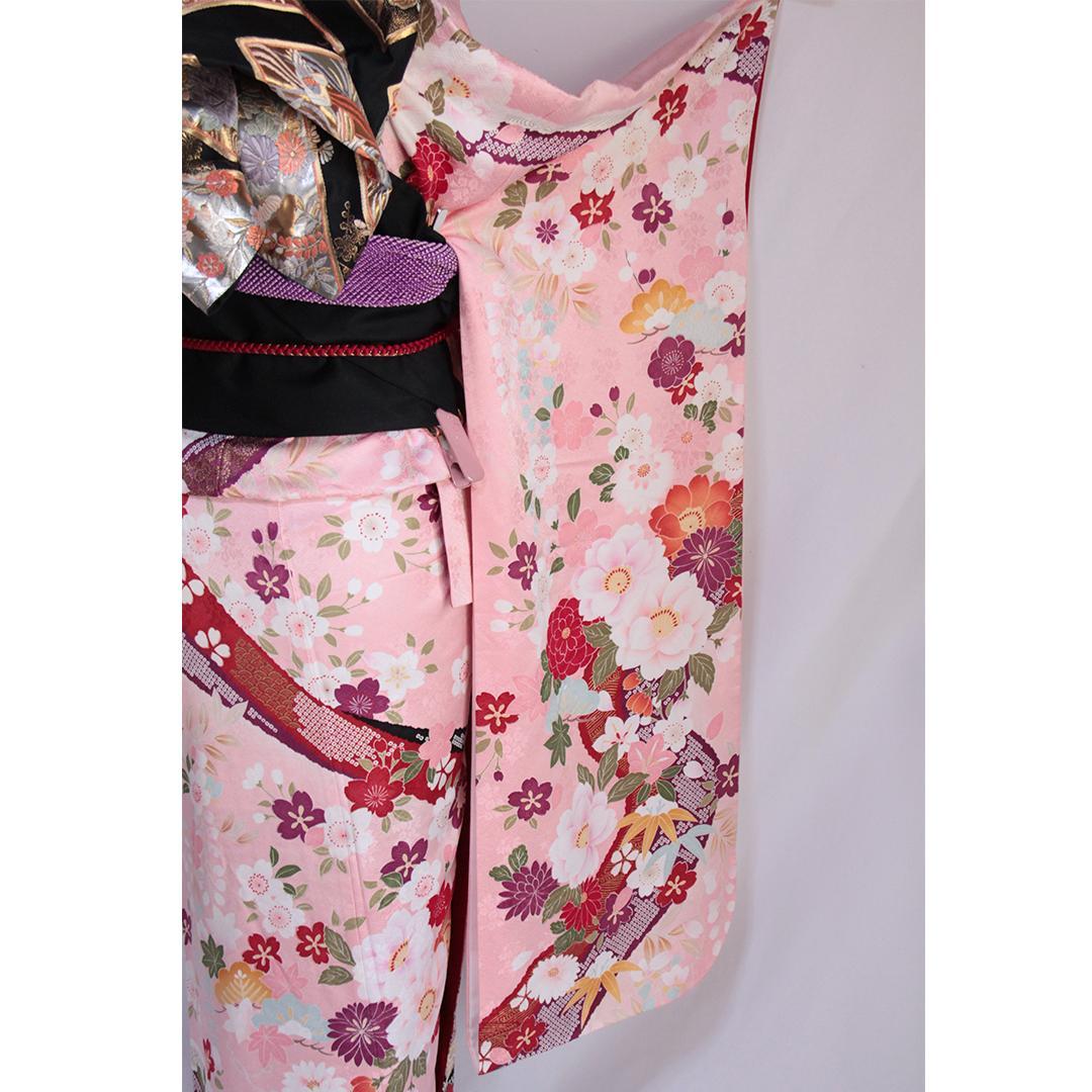 振袖現代柄ピンク5点セット 帯 帯揚げ 帯締め 重ね衿 成人式前撮りPK12