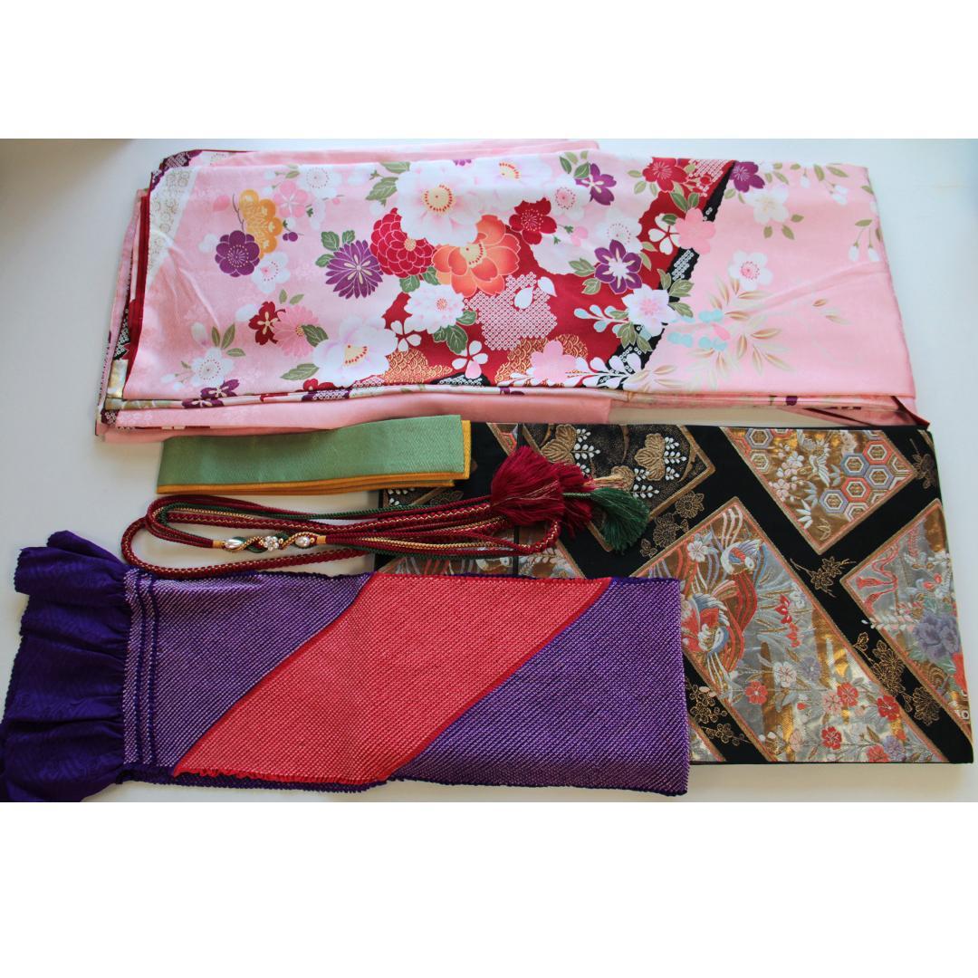 振袖現代柄ピンク5点セット 帯 帯揚げ 帯締め 重ね衿 成人式前撮りPK12