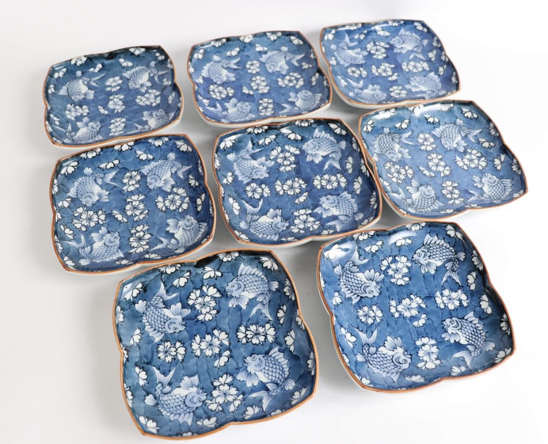 館林源右衛門 染濃 魚紋 花形皿 8枚 角皿 四方