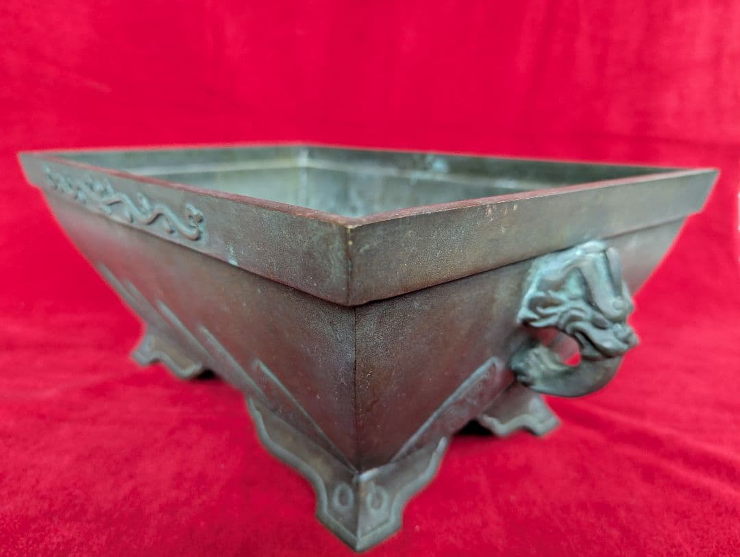 水盤 砂鉢 脚付き盆栽鉢 青銅製 唐獅子 関堂謹製