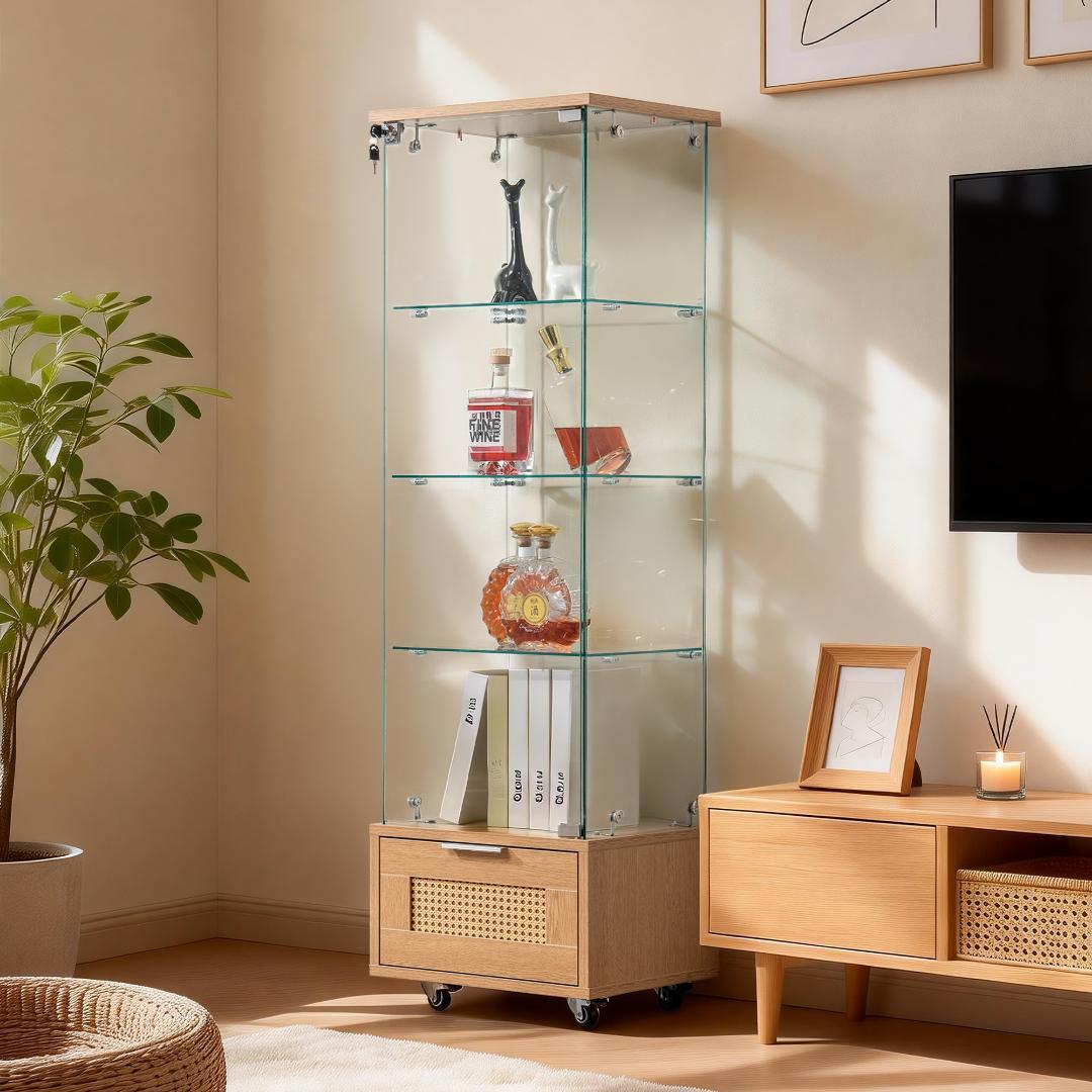 コレクションケース 引き出し付き ガラスディスプレイキャビネット 4段ナチュラル