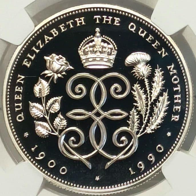 1990 クイーン・マザー 生誕90周年 5ポンド 銀貨 NGC PF69UC