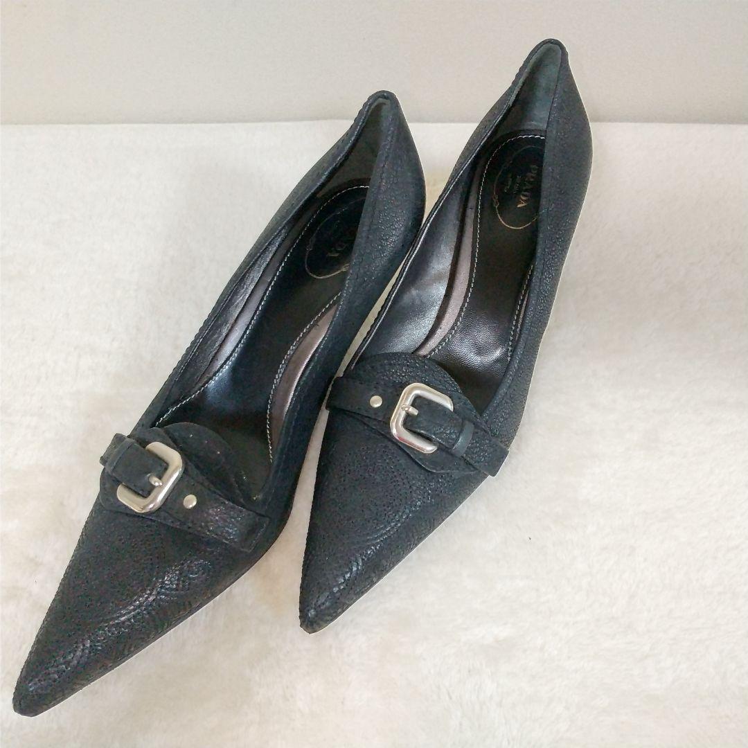 美品❢　PRADA　ポインテッドトゥ　BLACK　　ローヒール　　26cm