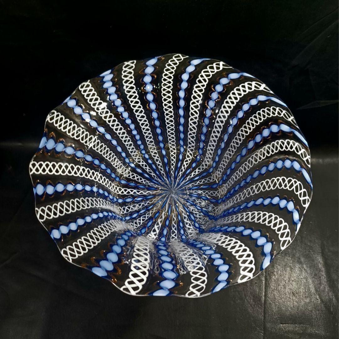 MURANO ムラノ 金彩 ブルー リボン ホワイト レース コンポート