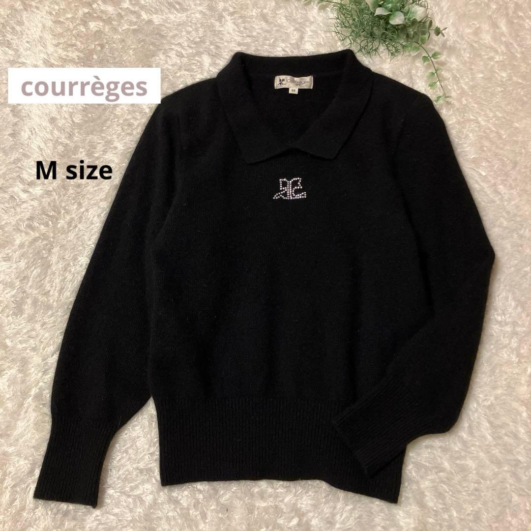 【希少】　クレージュ　襟付き　ニット　 セーター　ウール混　ビジュー　ロゴ