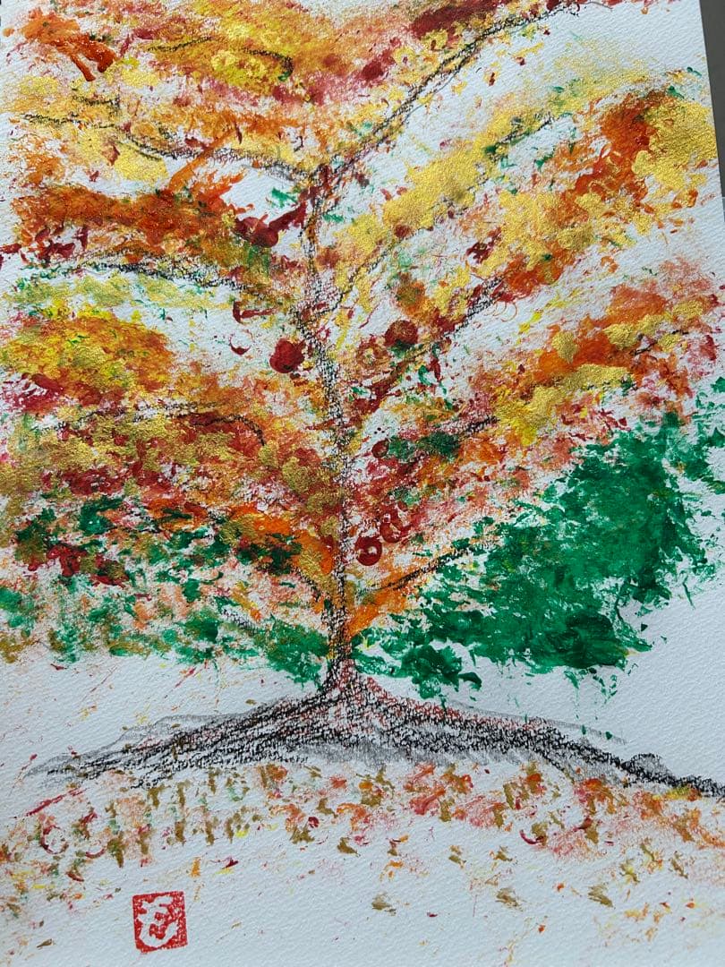 秋の木のアクリル画