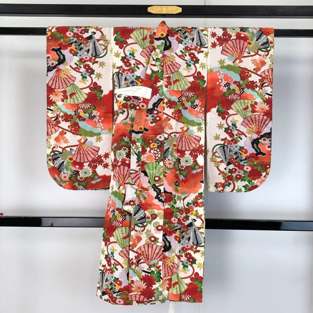 子供着物 七五三 3歳 縮緬 扇子に鹿子模様 花模様 CK-7383