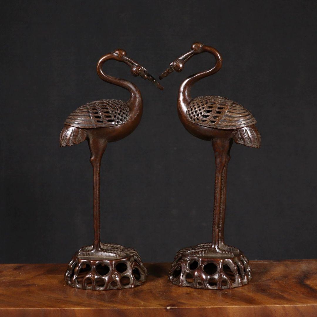 銅製 鶴香炉 室内 茶室 応接間 事務室 薫香炉 開運 風水 招財 置物工芸品