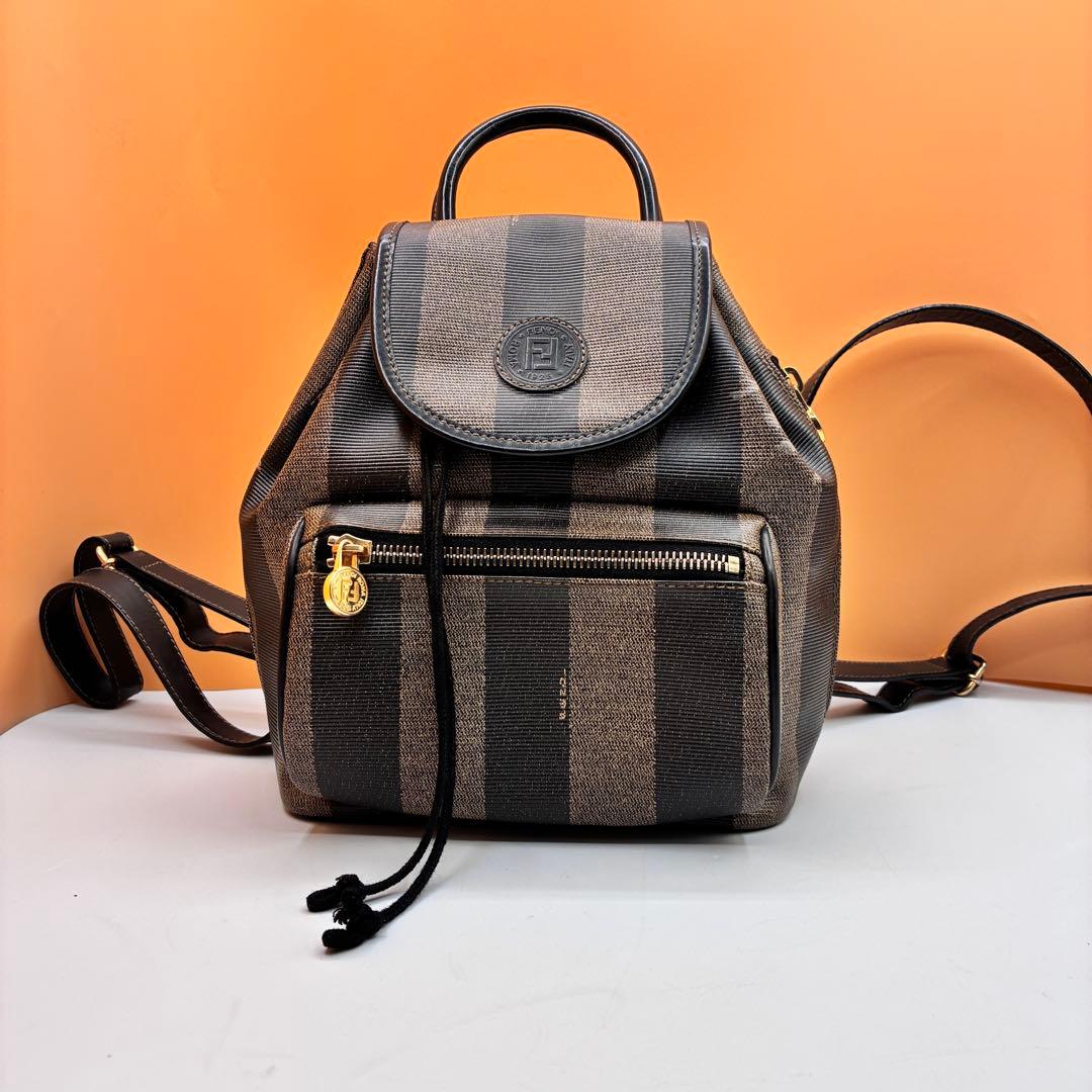 【希少】FENDI リュック ペカン柄 バックパック 巾着 レザー PVC 黒
