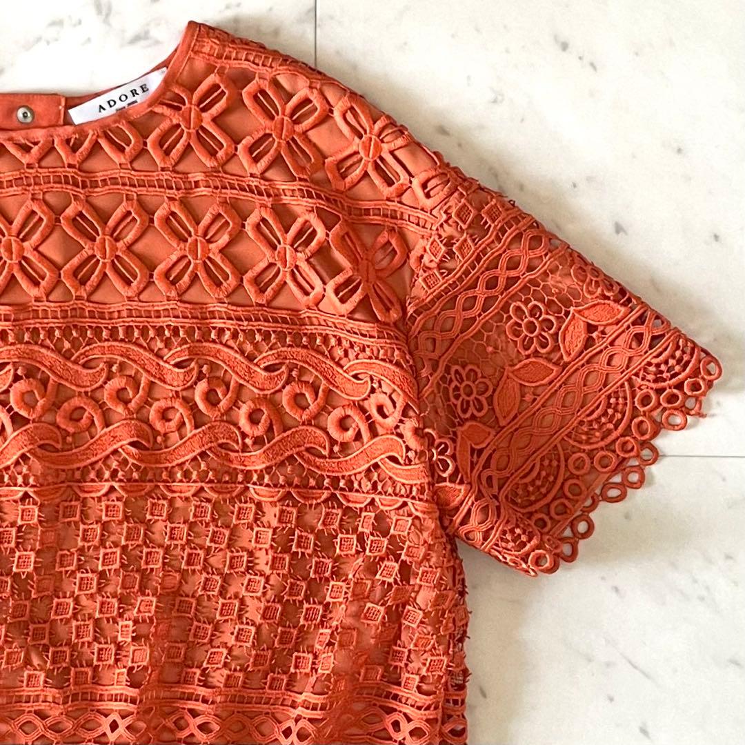 人気♪アドーア エンブロイダリーレースプルオーバー 38 オレンジ 半袖 刺繍