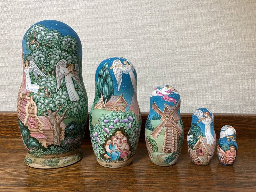 ロシア雑貨☆イコン マトリョーシカ眠る地球の上(5P)H16.5cmコブロフ工房