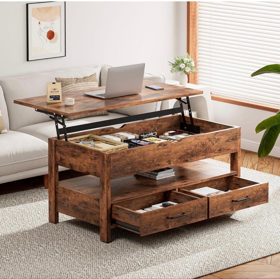 ローテーブル 昇降式 木製 テーブル 引き出し付き 収納　大容量
