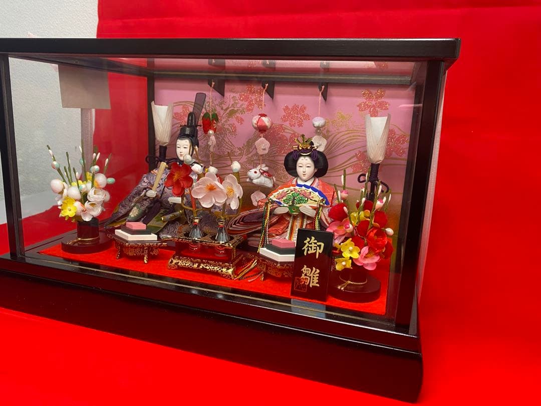 吊るし付き雛人形ガラスケース入り親王飾り・間口約３９×奥行約２７×高さ約２５㎝