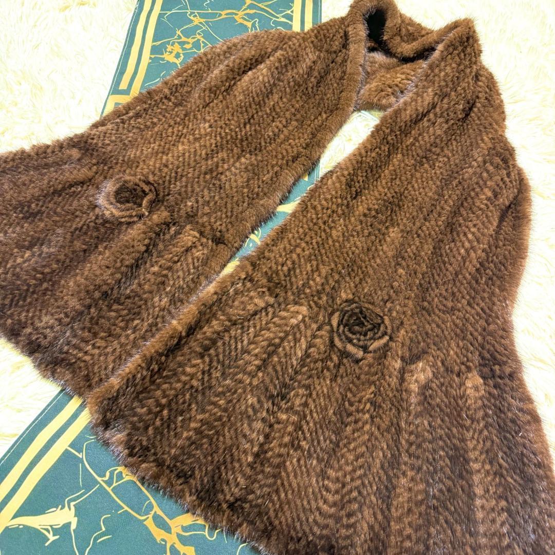 ミンク ショール ストール ブラウン デミバフミンク 軽量 バラモチーフ
