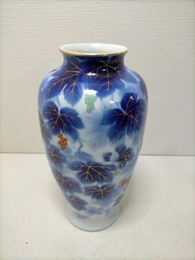 藍染調 金彩 葡萄文 大型 花瓶 壺 飾壺 和風 陶磁器　青　251217-4Y