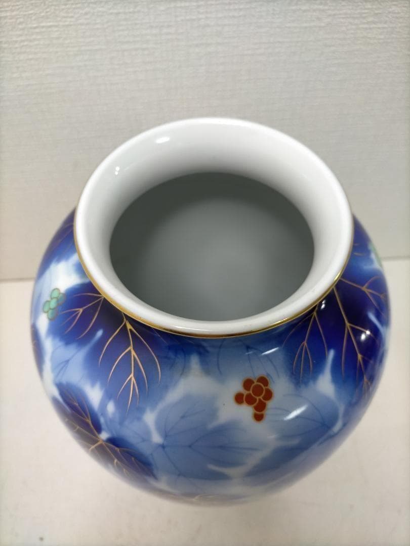 藍染調 金彩 葡萄文 大型 花瓶 壺 飾壺 和風 陶磁器　青　251217-4Y