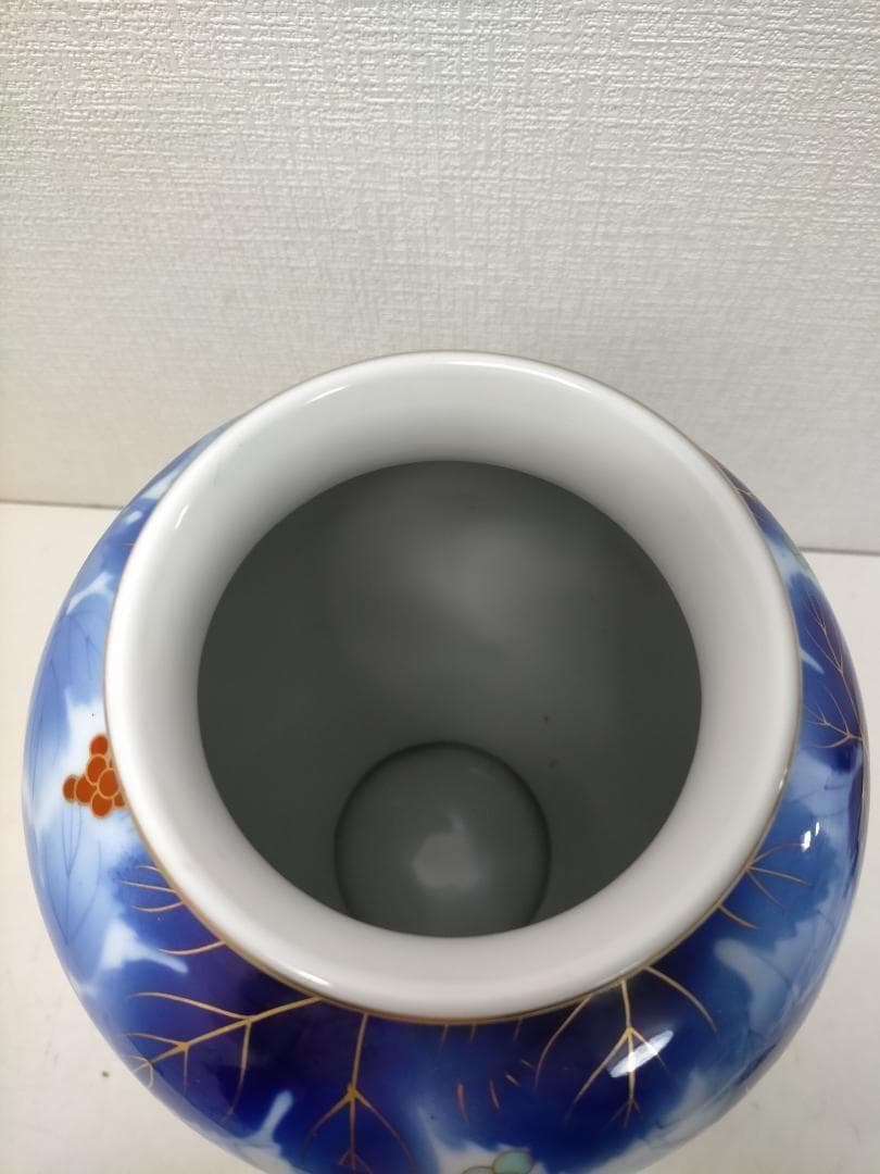 藍染調 金彩 葡萄文 大型 花瓶 壺 飾壺 和風 陶磁器　青　251217-4Y
