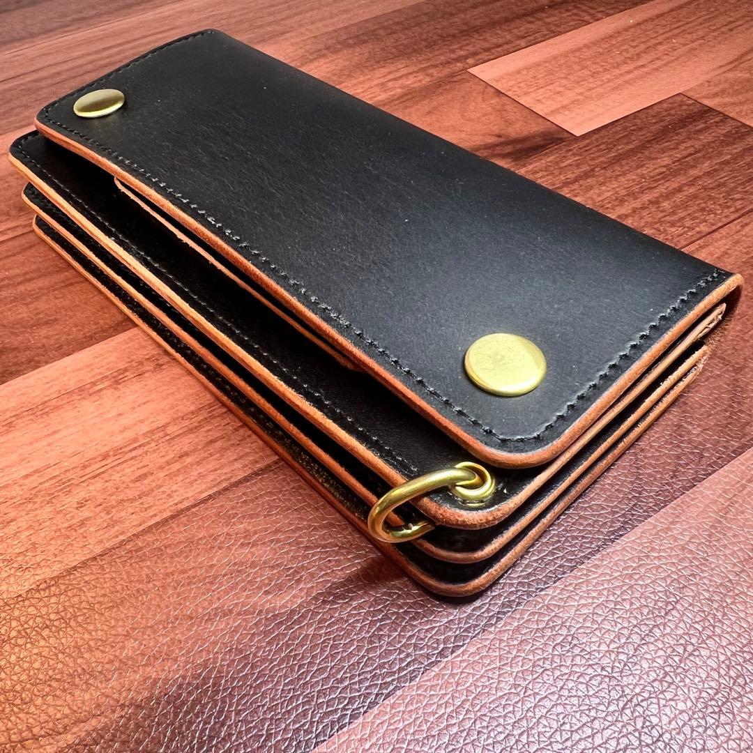 【トラッカーウォレット ロング 3層】 ブラック 茶芯 ゴールド 北米ステア