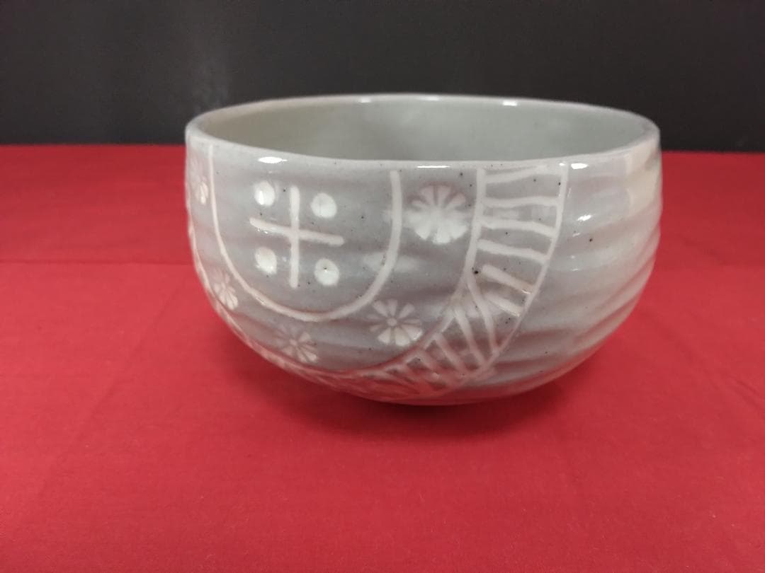 茶道具　　膳所焼 三島写　【俵茶碗　岩崎新定 陽炎園 】