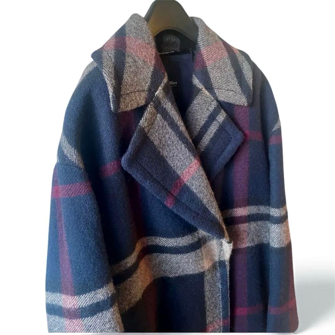 エス マックスマーラ チェック ピュア ウール ロングコート 36 ネイビー