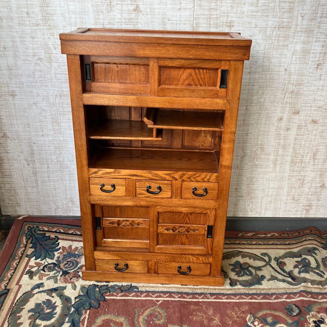 水屋箪笥 和箪笥 飾り棚 茶箪笥 欅材 ケヤキ 無垢材 古家具 時代家具 レトロ