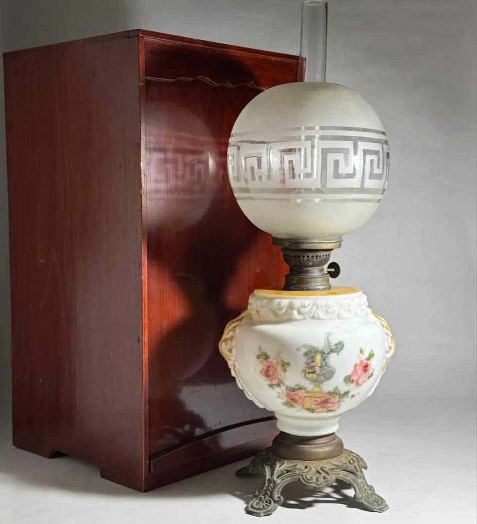 ◆希少 置きランプ 雷文擦り硝子火屋 ガラス絵乳白硝子オイル壺 明治時代◆