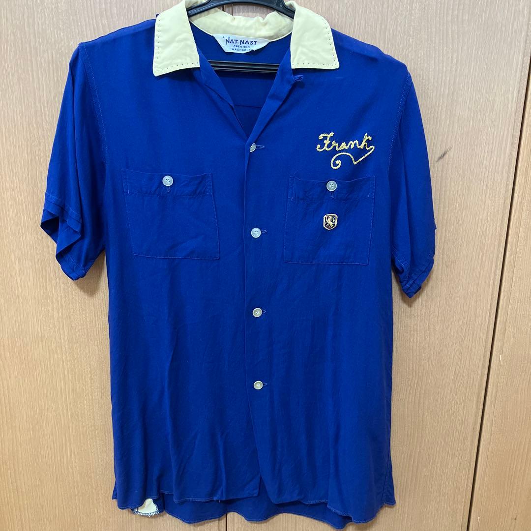 ボーリングシャツ　半袖シャツ　ブルー　チェーンステッチ　NATNAST