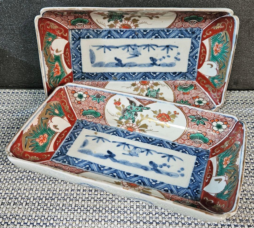 江戸時代末期　古伊万里　錦手　松竹梅に 獅子に菖蒲に鷺図　19.5cm長皿2客③