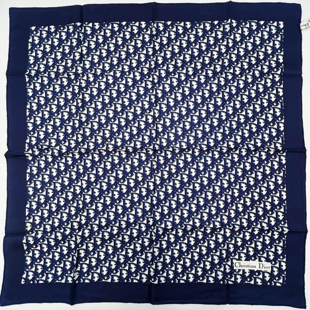 クリスチャンディオール　スカーフ　大判　ロゴ　シルク　トロッター　ネイビー
