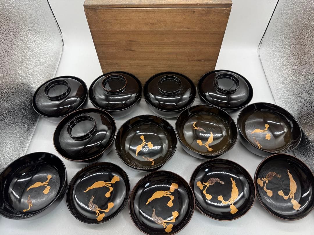 時代　輪島塗　黒蒔絵　大根模様吸い物椀9点　木製　共箱260204